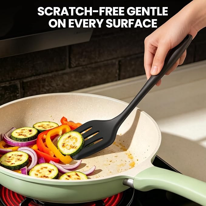 Silicone Kitchen Utensils Set, 8 PCS Heat Resistant Non Stick Cooking Tools, Silicone Spatula/Turner/Serving Spoon/Soup Ladle/Slotted Spoon/Pasta Server/Skimmer/Fish Spatula (Black)