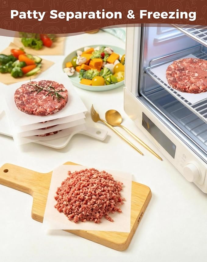 6x6 Inches Parchment Paper Squares, 320Pcs Non-Stick Hamburger Patty Paper, Unbleached 100% Wood Pulp Burger Paper for Separating Patty, Burgers, Naan, Tortillas, Freezer, Oven, Microwave