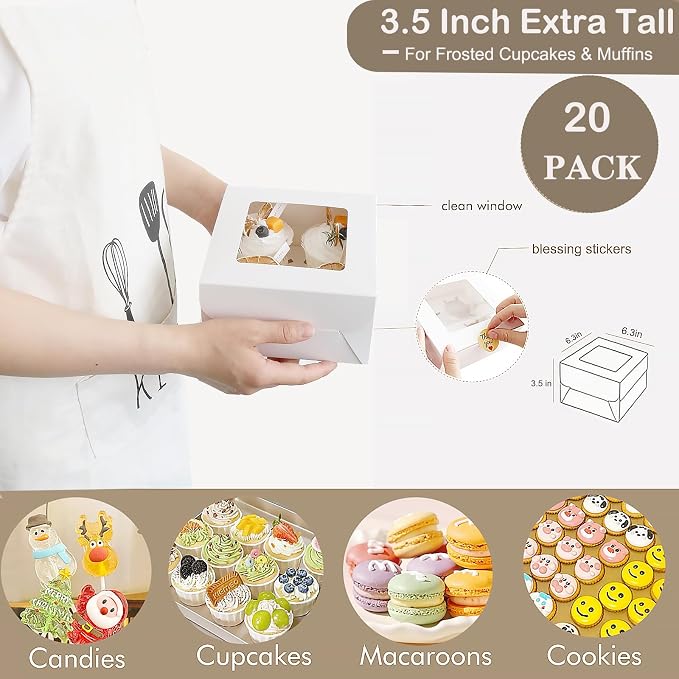 HUFElI 3.5 Inch Extra Tall Cupcake Boxes 4 Count with Window, Bakery Boxes, Food Grade Muffin Container，Treat Boxes for Cookies，Candies，Mini Cakes & Baked Goods - 6.3x6.3x3.5 inch, 20 Pack
