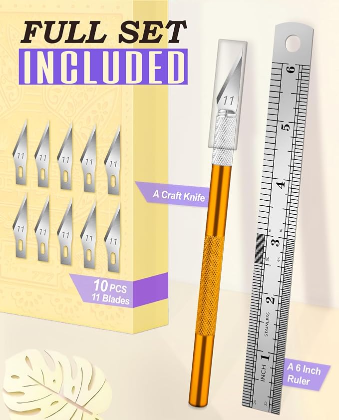 DIYSELF Craft Knife with 10 Extra #11 Blades, Precision Hobby Knife Set with Steel Ruler, Exacto Knife for Crafting, Polymer Clay, Pottery, Paper, Vinyl, Stencil & Model Making (Gold)