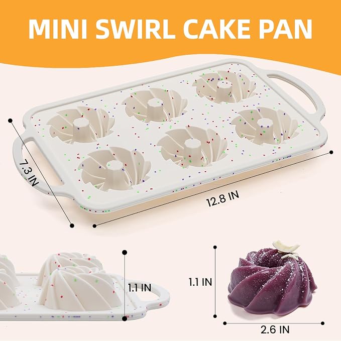 FUNBAKY Mini Swirl Cake Pan with Metal Reinforced Frame, 2Pcs Silicone 6-Cavity Mini Flan Molds, Nonstick Fluted Cake Pan for Cupcake, Brownie, Donuts, Jello