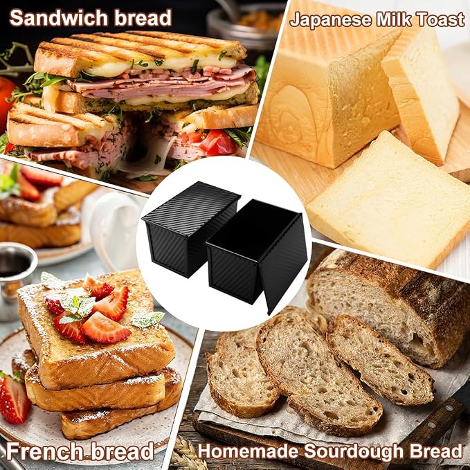 2 Pack 9 * 4 Inch Pullman Loaf Pan with Lid, 1 lb Dough Capacity Non-Stick Bread Loaf Pan,Carbon Steel Coating Sandwich Bread Pan for Bakeware Homemade Sourdough Oven Baking