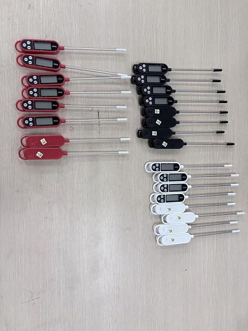 Copkim Instant Read Meat Thermometer with Long Probe 9.65 Inch Kitchen Cooking Food Candy Waterproof Digital Thermometer for BBQ Water Milk Yogurt Liquid (Square Ring,Black, White, Red,24 Pcs)