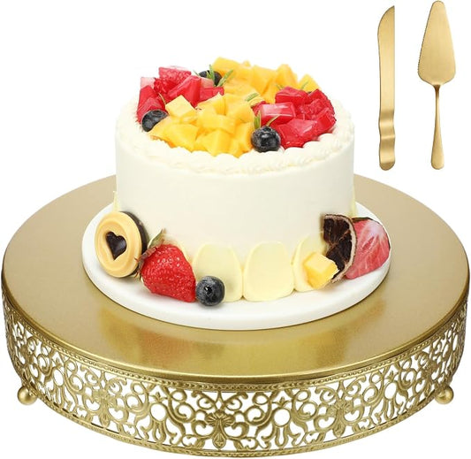 Wenqik 12 Inch Gold Cake Stand Set Metal Round Cupcake Dessert Stand with Cake Cutting, Spatula Wedding Cupcake Pastry Display Candy Holder Display for Wedding Party Birthday Baby Shower(Classic)