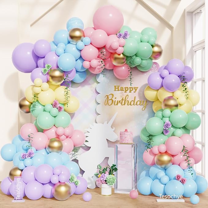 160pcs Pastel Rainbow Unicorn Balloon Garland Arch Kit,Macaron Blue Pink Green Yellow Purple Balloon for Rainbow Unicorn Theme Birthday Baby Shower Wedding Decoration Easter Bunny Hunt Party Supplies