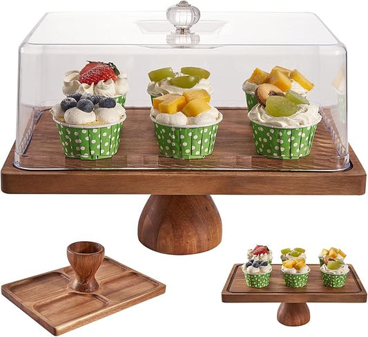 LiTY Cake Stand with Lid, 13″ Rectangular Multi-Functional Cake Holder, Acacia Solid Wood 2-in-1 Dessert Table Display Set, Charcuterie Board for Cheese ,Fruit Platter, Large Acrylic Cake Dome Cover