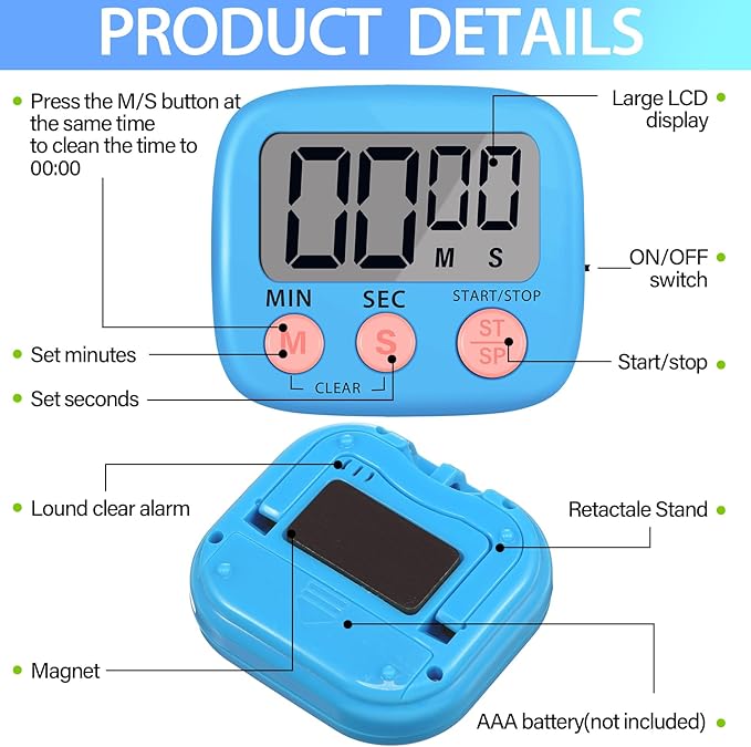 Leumoi 24 Pcs Digital Kitchen Timers Bulk Timer for Classroom Small Magnetic Timer On/Off Switch Countdown Loud Alarm for Cooking School Student Teacher Exercise Training Baking Work(Blue)