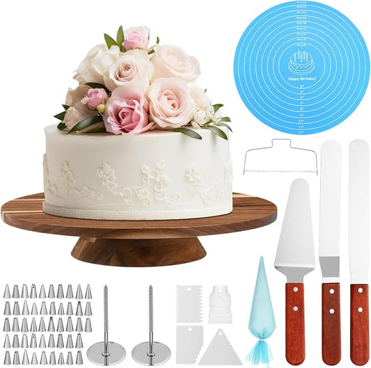 Remerry 61 Pcs Cake Decorating Kit with 12" Wooden Cake Stand Turntable Includes Piping Tips, Spatula, Coupler, Offset & Straight Spatulas, Silicone Mat Baking Tools for Beginners and Professionals