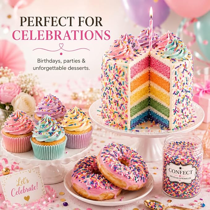 Confect Galaxy Pop Rainbow Sprinkles – Custom Blend Multicolor Jimmies – Edible Cake & Cupcake Decorating Toppings – Vegan, Gluten-Free, Nut-Free, Soy-Free, Dairy-Free, Palm Oil-Free – 4.2 Oz