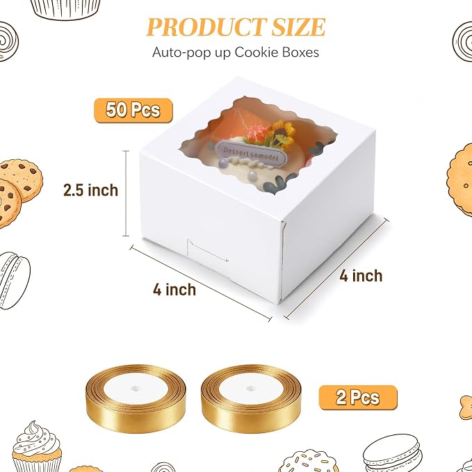 COTOPHER Auto Pop Up Cookie Box with Window 4x4x2.5 Inches – 50 Pack White Bakery Boxes with Gold Ribbon for Birthday Party Favors, Wedding, Christmas Gift Packaging for Cookies, Candy, Macarons