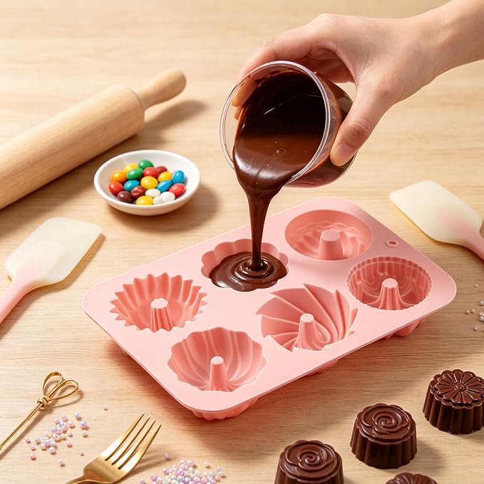6 Cavity Mini Bundt Cake Pans Mold Fluted Tube Silicone Chocolate Molds For Candy Chocolate