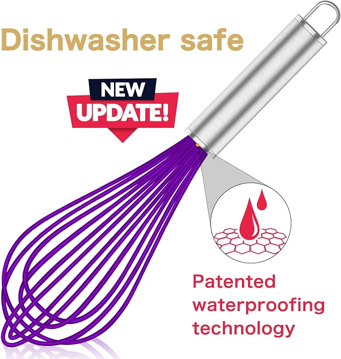 OYV Purple Silicone Whisk, Professional Whisks For Cooking Non-Scratch, Stainless Steel & Silicone Wisk, Plastic Rubber Whisk Tool For Nonstick Cookware Pans, BPA free, Silicon Wisks Set of 3