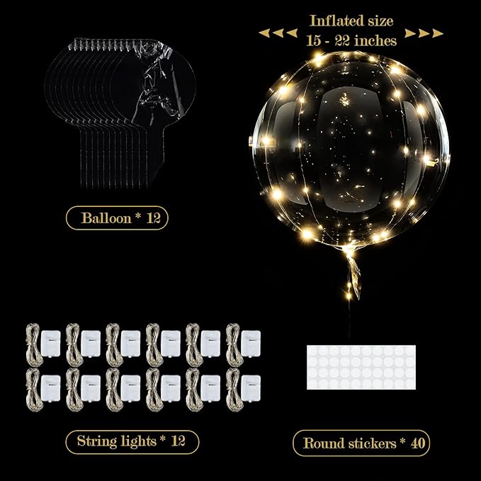 Light Up LED Balloons 12 Pack – 22" Clear Bobo Balloons with 10ft Warm White LED String Lights, 3 Light Modes, Batteries Included – Perfect for Parties, Weddings, Christmas & Outdoor Decorations
