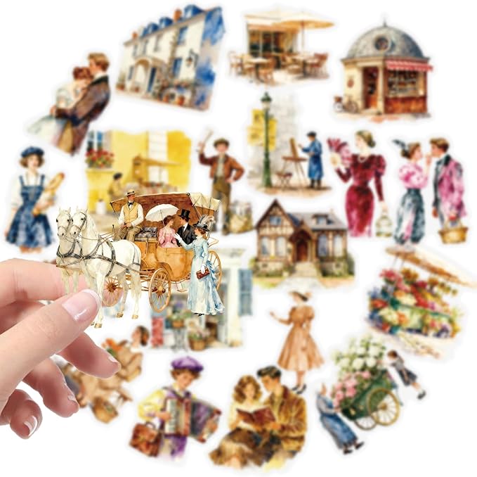 50 pcs Vintage European Town Clear PET Stickers, Paris Street Cafe Building People Transparent Die-Cut Decals, Waterproof Stickers for Journal Scrapbook Planner DIY Travel Craft Decor