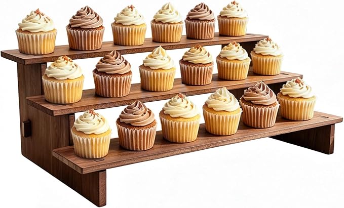 3 Tier Cupcake Stand Wood - 30s Quick Assembly, Easy Carry&Store | Wooden Cupcake Display Stand, Rustic Wooden Riser, Tiered Serving Tray for Vendors, Cup Cake, Dessert, Spice Rack, Candles