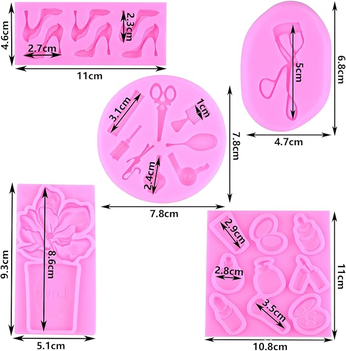 ZiXiang Makeup Theme Silicone Molds Lipstick Perfume High Heel Fondant Molds Nail Polish Eyelash Curler Eye Shadow Chocolate Mold for Cake Decorating Cupcake Topper Candy Resin Gum Paste Set Of 4