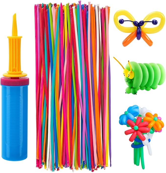100 Pcs 260 Balloons Kit with Pump - Kids Premium Latex Twisting Long Balloons to Make Animals Flowers, Fun Rainbow Balloons for Party Boys Girls Birthday Gifts Clowns Wedding Decor