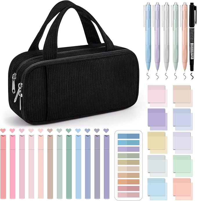 Jutom 39 Pcs Aesthetic Book Annotation Kit Highlighter with Case Bag Gel Pen Transparent Sticky Note Taking Bible Supplies(Black,Classic Style)