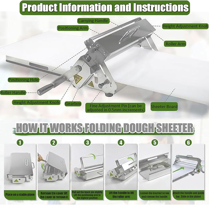 Dough Roller Dough sheeter Dough Sheeter, Foldable Manual Pastry and Fondant Sheeter, Adjustable Thickness 0-17.5mm/0-27mm for Commercial and Home Use, Ultra-Compact Design