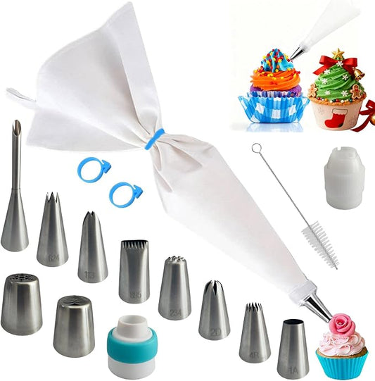 Reusable Cotton Piping Bags & Tips Set -16" Large Pastry Bag with 10 lcing Tips + 2 Couplers for Cake Decorating, Baking Supplies