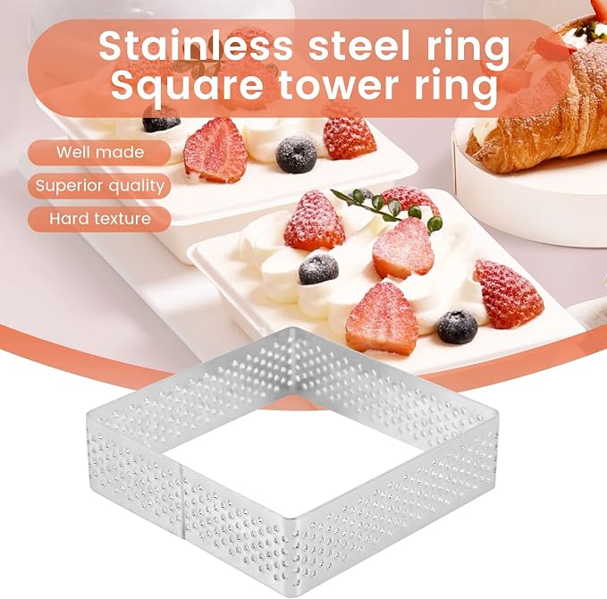 Perforated Tart Ring Stainless Steel Tartlet Molds Square Shape Mould Cake Circle French Pastry Baking Tool, 5 Pack