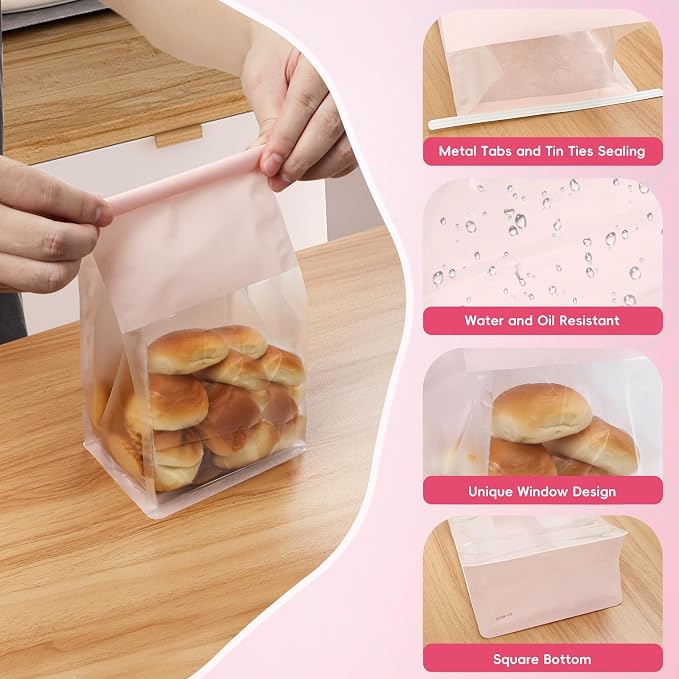 Funcoo 50 pcs Bakery Bags with Window, 6.3'' x 5.1'' x 10.2'' Bakery Cookie Bags with Tin Tie Tab Lock, Paper Bread Bags for for Homemade Bread, Popcorn, Candies, Snack, Baked Goods Packaging(Pink)