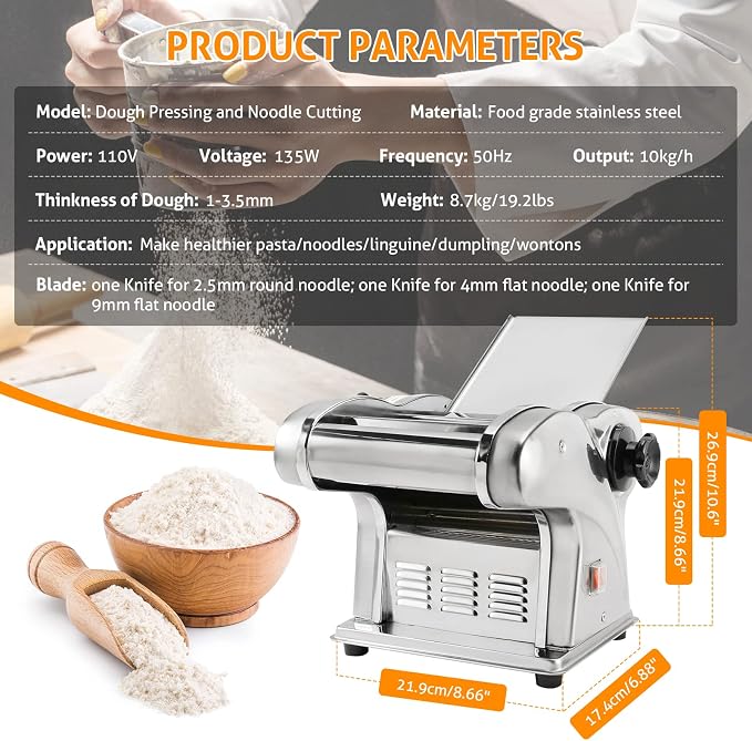 WICHEMI Electric Pasta Maker 3 IN1 Pasta Roller Automatic Noodle Maker 135W | Electric Pasta Maker Machine, Pasta Dough Roller, Food Grade Stainless Steel, Making 2.5mm Round Noodle, 4mm/9mm Flat Noodle