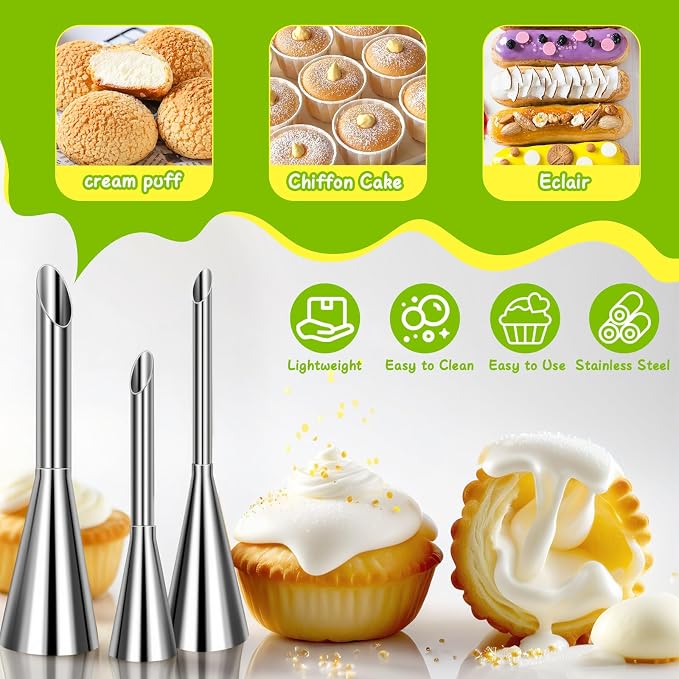 Suuker Stainless Steel Cream Piping Tips, Silver, 3 Pieces | Long Cream Puff Nozzle, Small Pastry Icing, Decorating Tools