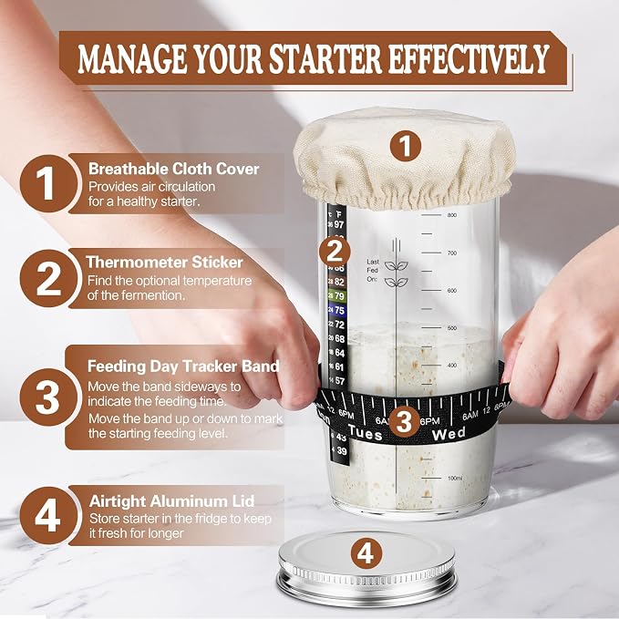 Sourdough Starter Kit with 2 Proofing Baskets, 36oz Sourdough Starter Jar, Bread Lame, Dough Scraper, Dough Whisk & Silicone Bread Sling