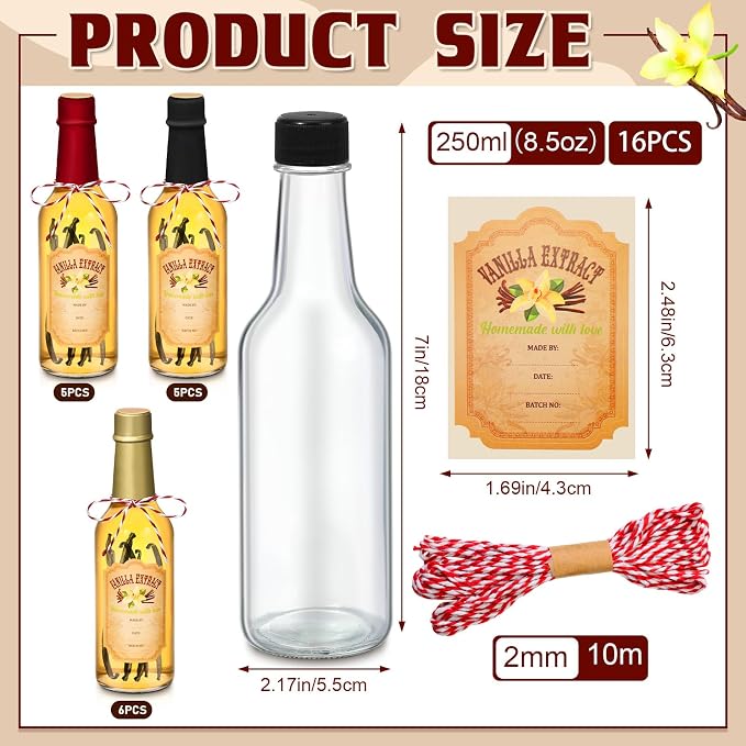 Tioncy 16 Pcs Empty Vanilla Extract Bottles for Homemade Vanilla Jar Glass Bottle with Cap, Shrink Band, Sticker DIY Crafts Wedding Gift Food Storage Canister for Bean(Black, Red, Gold,8.5 oz)