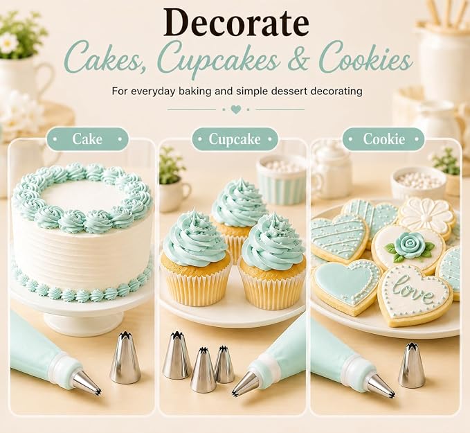 15 PCS Cake Decorating Supplies Set with 2 Reusable Superflex Piping Bags, 6 Stainless Steel Icing Tips, 3 Cake Scrapers, 2 Couplers and Ties for Beginners,Mint Green