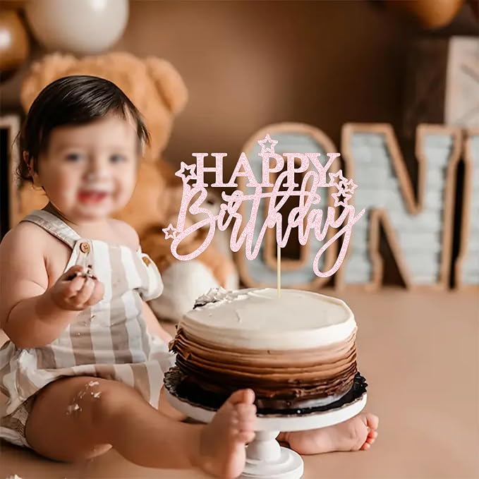 Gyufise 1Pcs Happy Birthday Cake Topper Glitter Happy Birthday Cake Pick for Celebrating Happy Birthday Anniversary Theme Party Cake Decorations Supplies Pale Pink