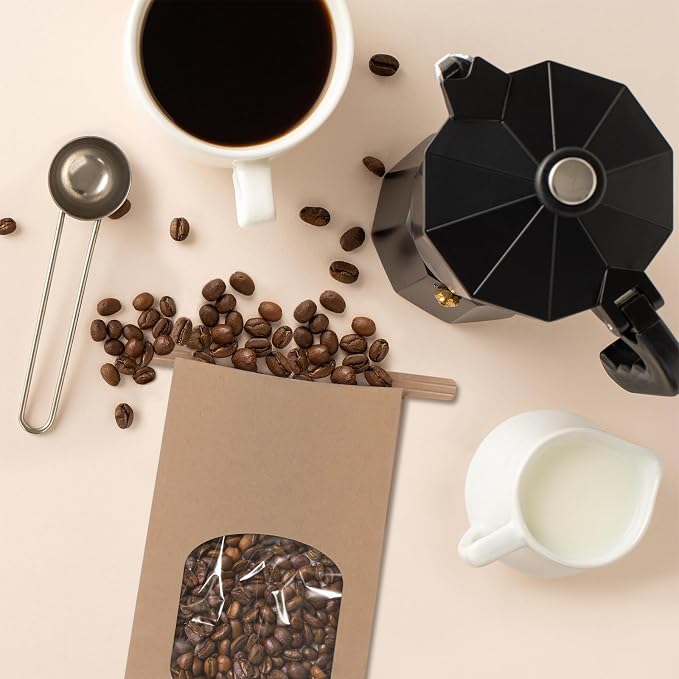 Eupako 3.54x2.36x6.7 Bakery Bags with Window 50 PCS Brown Tin Tie Tab Lock Bags Kraft Paper Bags for Cookies, Coffee, Included 50 PCS Handmade Stickers