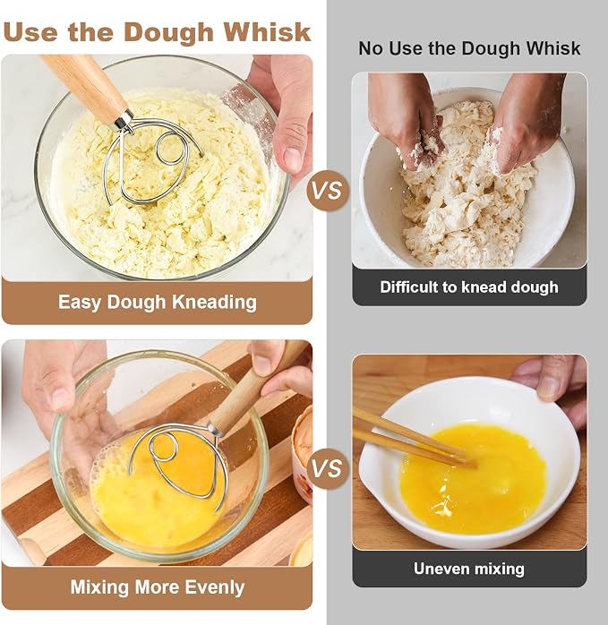 2 Pack 13-Inch Danish Dough Whisk with Dough Scraper, Premium Stainless Steel Bread Whisk Mixer with Ergonomic Wooden Grip, Ideal for Sourdough, Pizza Dough & Pastry Making