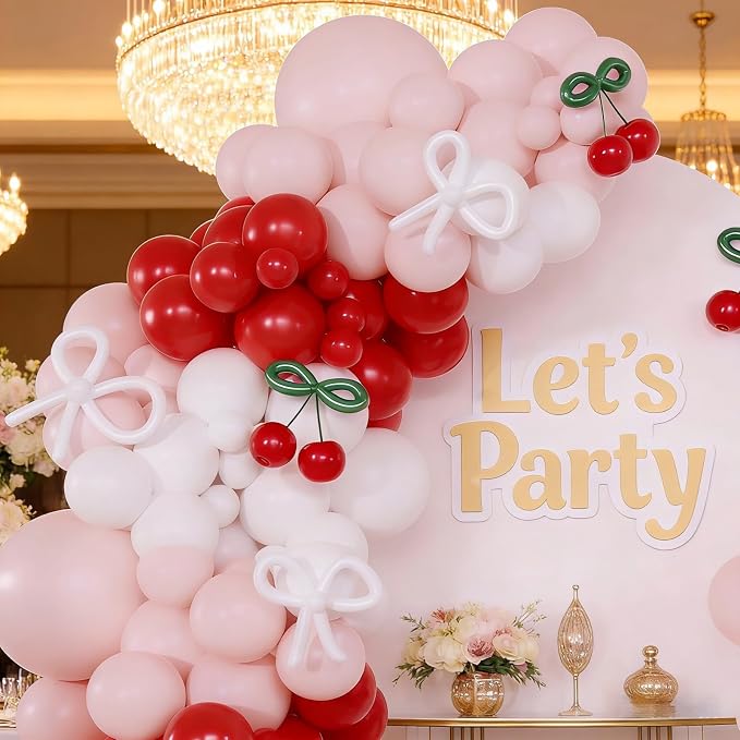 Red Cherry Balloon Garland Arch Kit, 143 Pcs Bow Pastel Pink and White Balloons for Cherry Themed Birthday Party Bridal Shower Wedding Galentine's Valentines Day Decorations