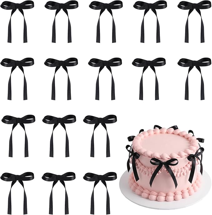 NatNarr 30PCS Black Bows for Cake Bow Cake Topper Pretied Ribbon Bow Cupcake Toppers - Ready to Use for Birthday Wedding Baby Shower Graduation Dessert Display Decorations Simple Elegant Style
