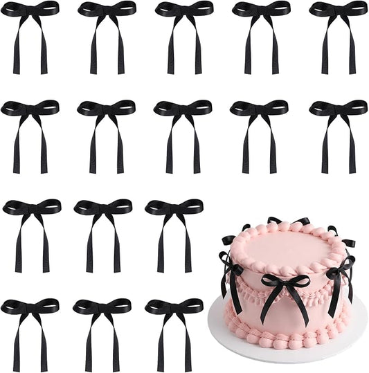 NatNarr 30PCS Black Bows for Cake Bow Cake Topper Pretied Ribbon Bow Cupcake Toppers - Ready to Use for Birthday Wedding Baby Shower Graduation Dessert Display Decorations Simple Elegant Style