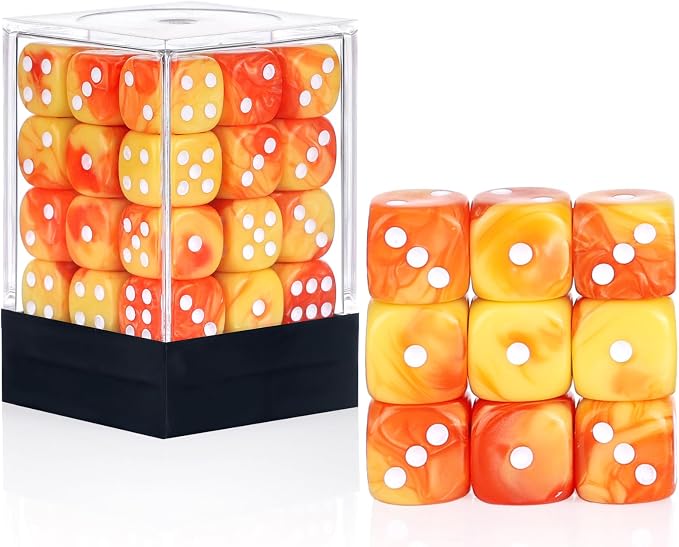 36 of Pack 12MM 6 Sided MINI Dice Set,Two Colours D6 Game Dice Set, 6 Sided Standard Dices for Yahtzee, Bunco,with Portable Plastic Box(Orange Yellow)