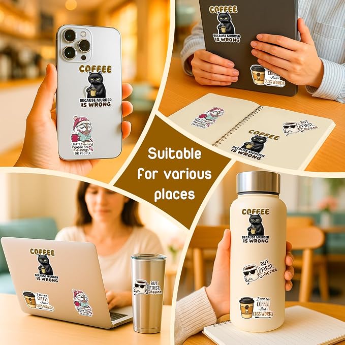 (4 Pcs) Coffee Stickers - Funny Coffee Stickers for Water Bottles, Cars, Laptop, Scrapbook - Coffee Sticker for Coffee Lovers, Espresso Lovers, Women, Men