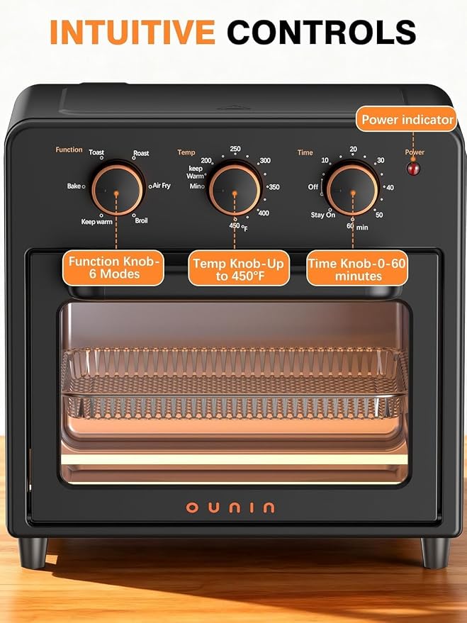 OUNIN Air Fryer Toaster Oven with Steam Infusion, 12 QT Compact Countertop Oven, 6-in-1 Stainless Steel Combo Bakes, Broils, Grills & Warms, Fast Preheat, 60-Minute Timer – Small Kitchen Friendly