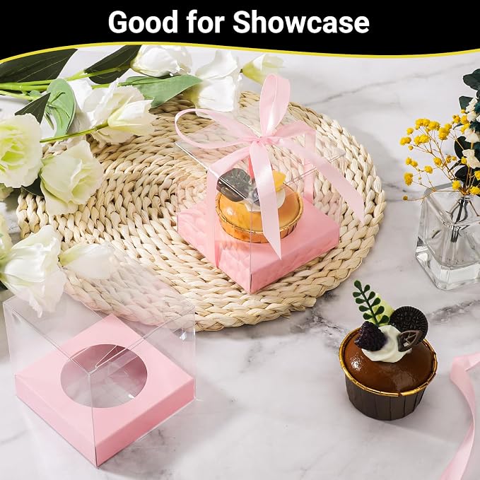 EUSOAR Pink Cupcake Boxes, 100 Packs 3.5 Inch Clear Plastic Cupcake Containers Box Individual with Inserts and Ribbon, Pastry Wrappers Clear Muffin Gift Holder for Wedding Favor Bakery Decor