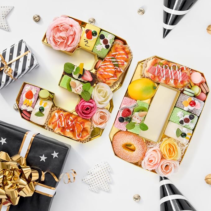 Cardboard Number for Charcuterie 30 Set Fillable Tray 10.2'' Gold Charcuterie Paper Box for 30th Birthday Anniversary Party Decorations Chocolate Candy Cupcake Container