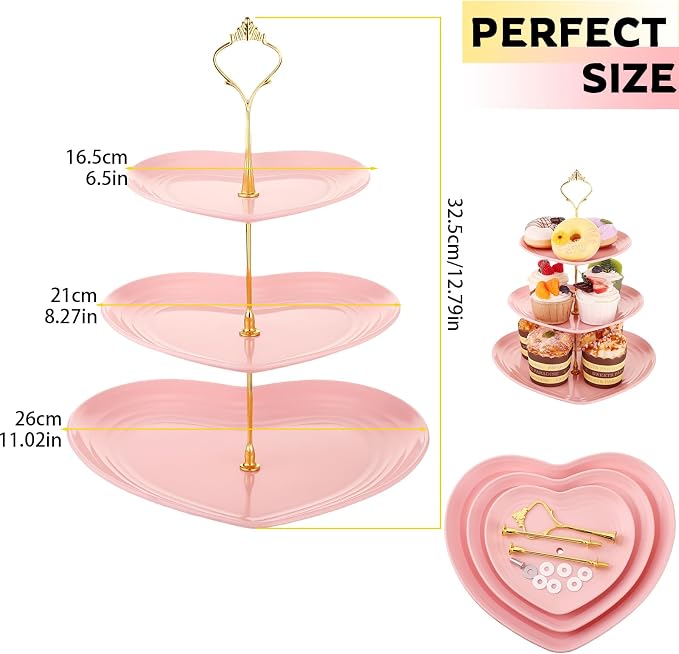 Layhit 1 Pack Wedding 3 Tier Cupcake Stand Heart Shaped 3 Tiered Serving Trays for Party Plastic Tray Dessert Cupcake Stand for Tea Party Baby Shower Wedding (Pink)