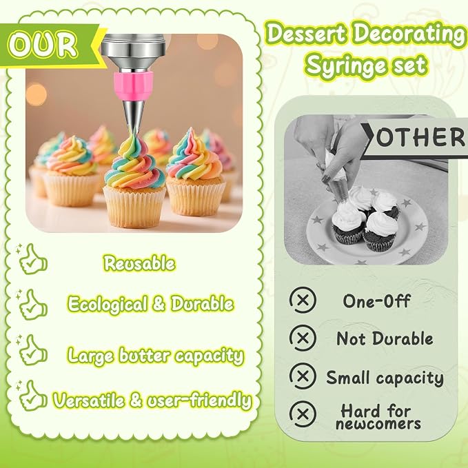 NOVANO Dessert Decorating Syringe Set, Frosting Piping Kit | Stainless Steel, 54 Piping Tips, 9 Silicone Cupcakes, Cake Decorating Kit, Cupcake Decorating Kit