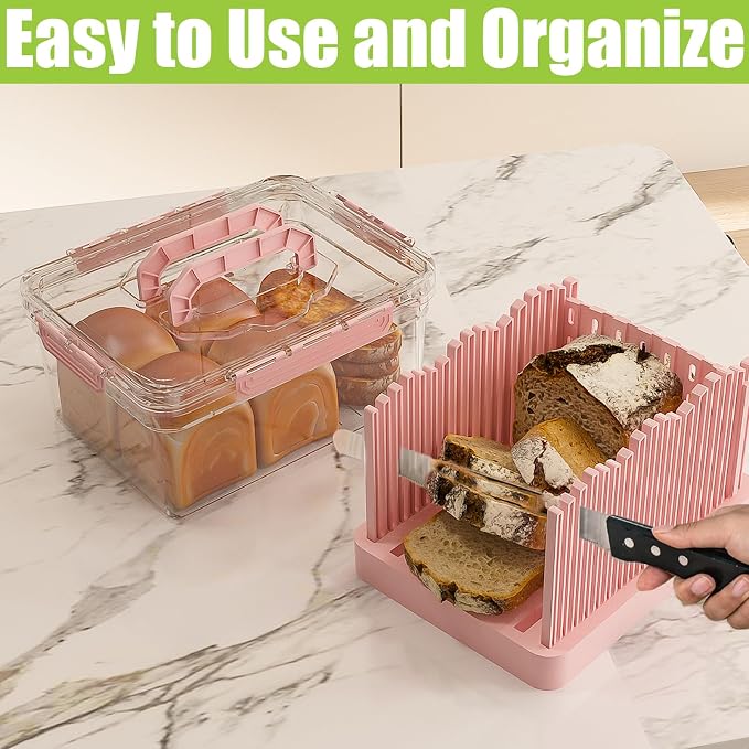 Sorgion 2-in-1 bread slicer and storage box with handle - plastic bread boxes for fresh keeping food storage containers with lids airtight for cake buns,Pink