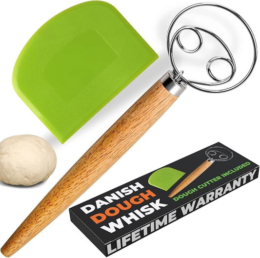 BOORIKA Danish Dough Whisk – Sourdough Mixing Tool with Dough Scraper. Danish Whisk for Baking, Mixing Thick Dough, Bread Making, Pastry, Cookies, Pizza, Batter & More