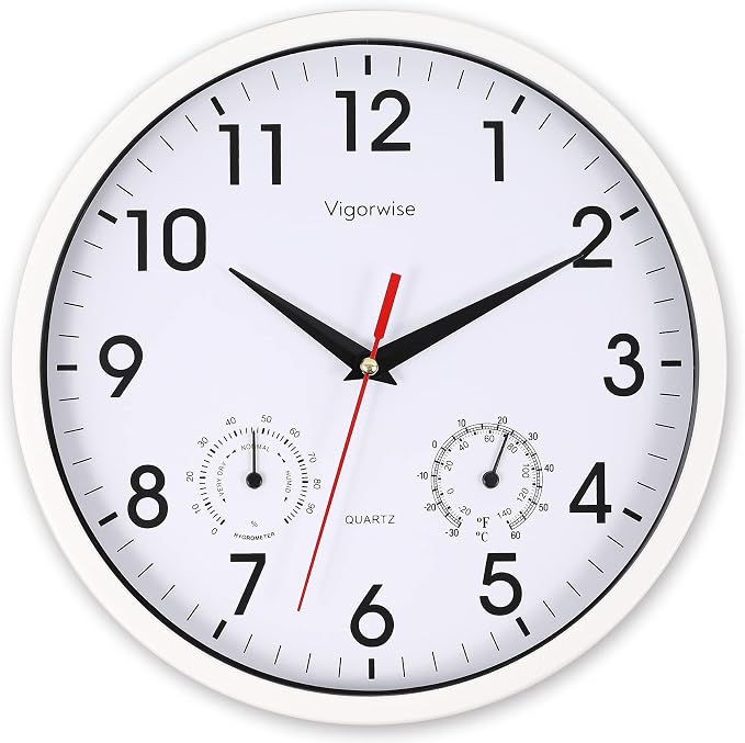 Wall Clock, Sweep Silent Movement Accurate Clocks with Temperature & Humidity, Decorative for Kitchen/Living Room/Bedroom/Office/School/Classroom (White, 10 inch)