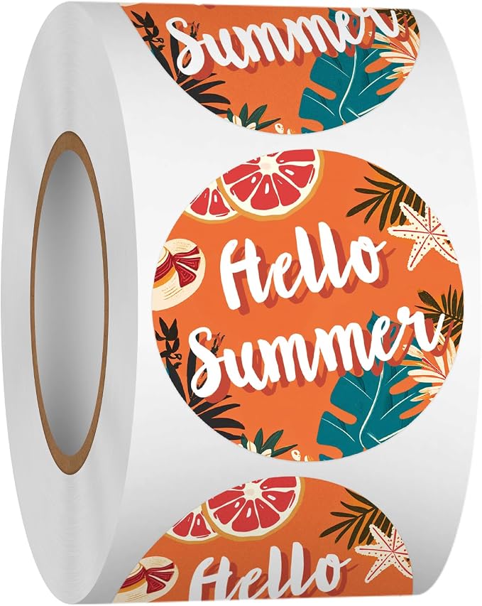 Louise Maelys 500 Pcs Tropical Plant Friut Hello Summer Stickers Roll, 1.5 Inch Happy Holiday Lable for Kids and Adult, Adhesive Decoration Round Labels for Baking Card Gift Envelope Craft Making