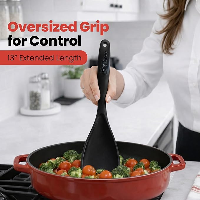 Silicone Spoon Spatula for Cooking - Multifunction Scoop Spatula Spoonula - Heat Resistant Cooking Spoon for Nonstick Cookware - Large Silicone Kitchen Spoon - Seamless Design (Black/Red,2pcs)