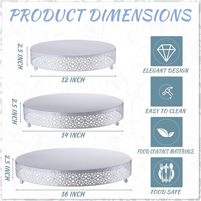 Wenqik 3 Pcs Cake Stand 16'' 14'' 12'' Round Metal Cake Stand Bases Display Holder Cookies Serving Tray Display Plate Cupcake Dessert Pastry Riser for Wedding Birthday Party(Vintage Style, White)